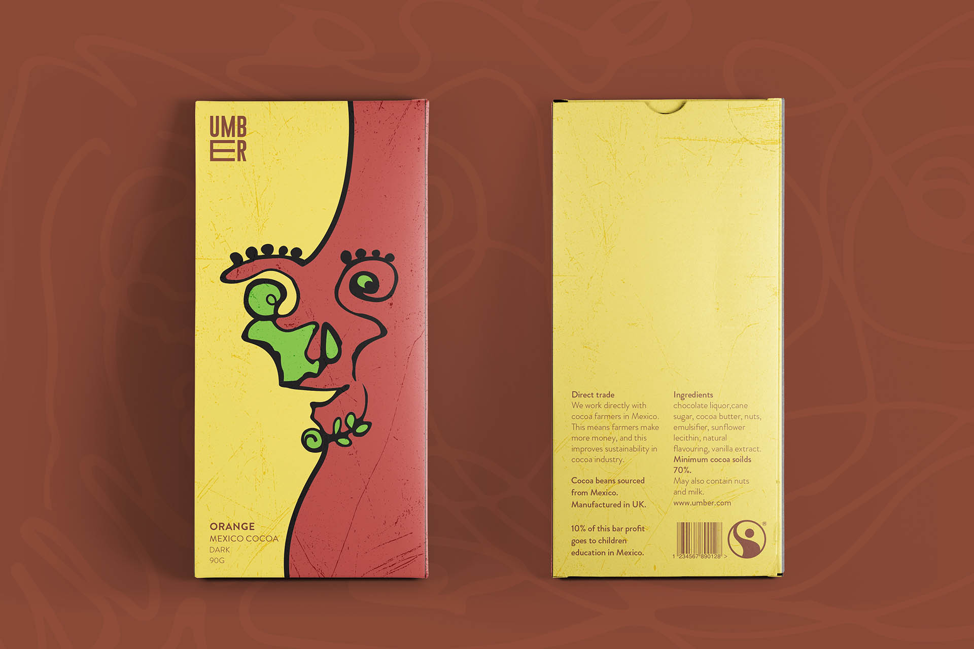 Visual identity and packaging for Umber a chocolate brand working with cocoa farmers to improve their income and sustainability