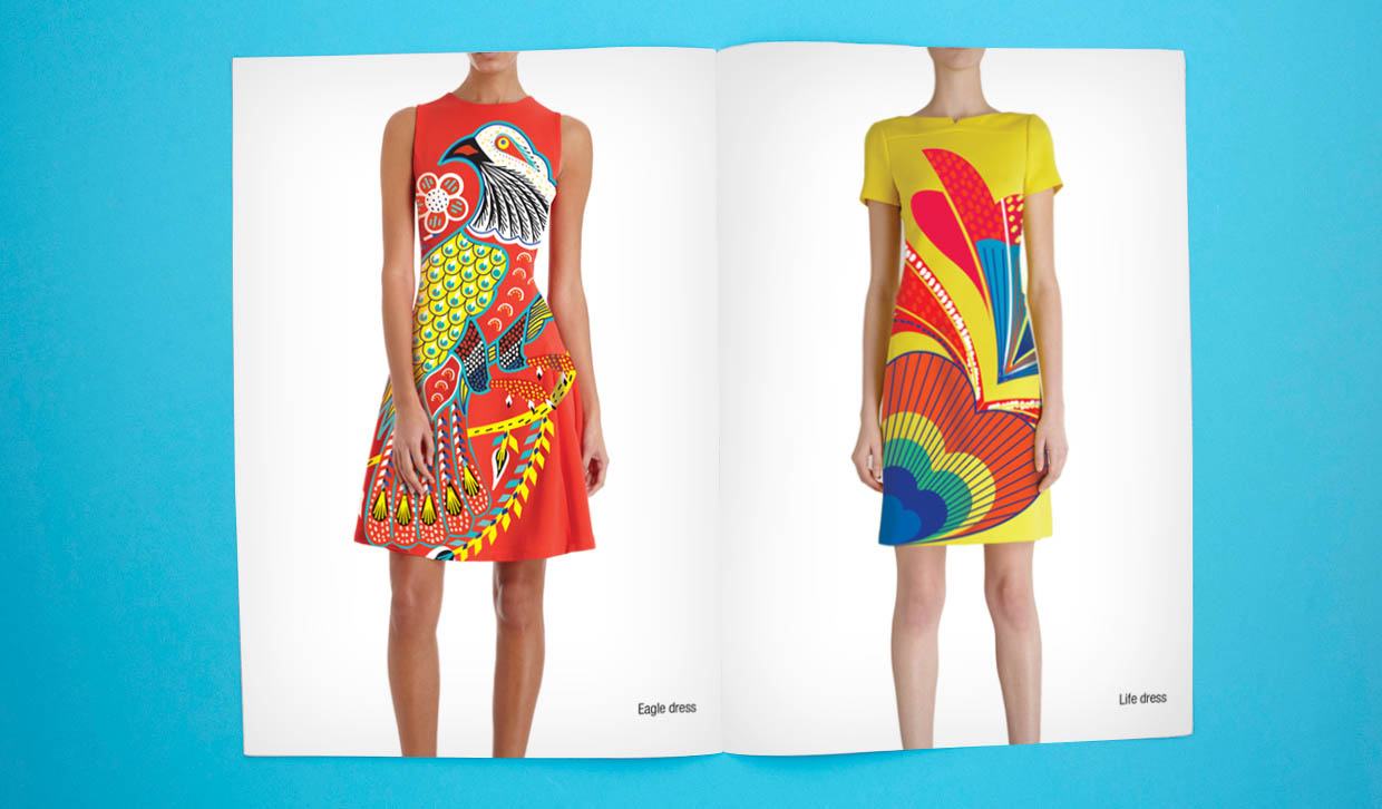 Catalogue spread featuring dress designs for Kitsch Fry