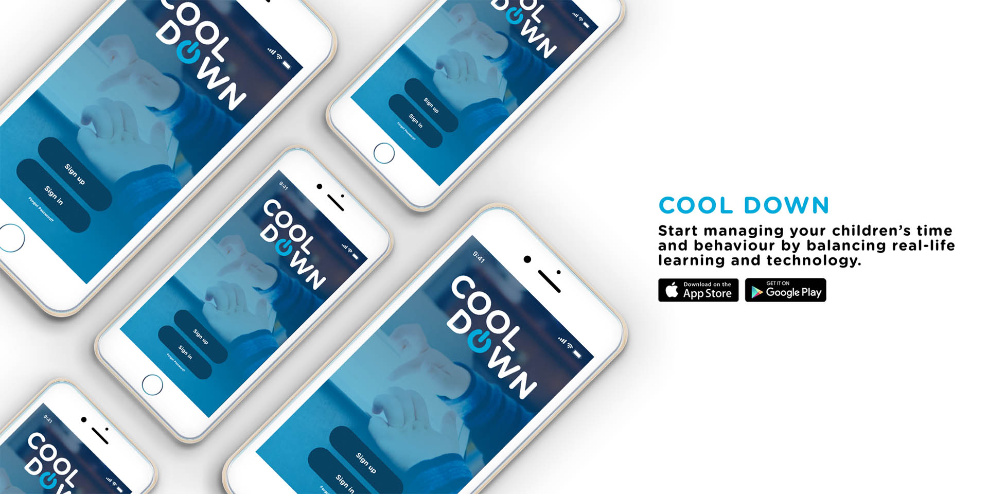 Promotional poster for Cool Down application, to help parents manage their children’s time and behaviour by balancing real-life learning and technology