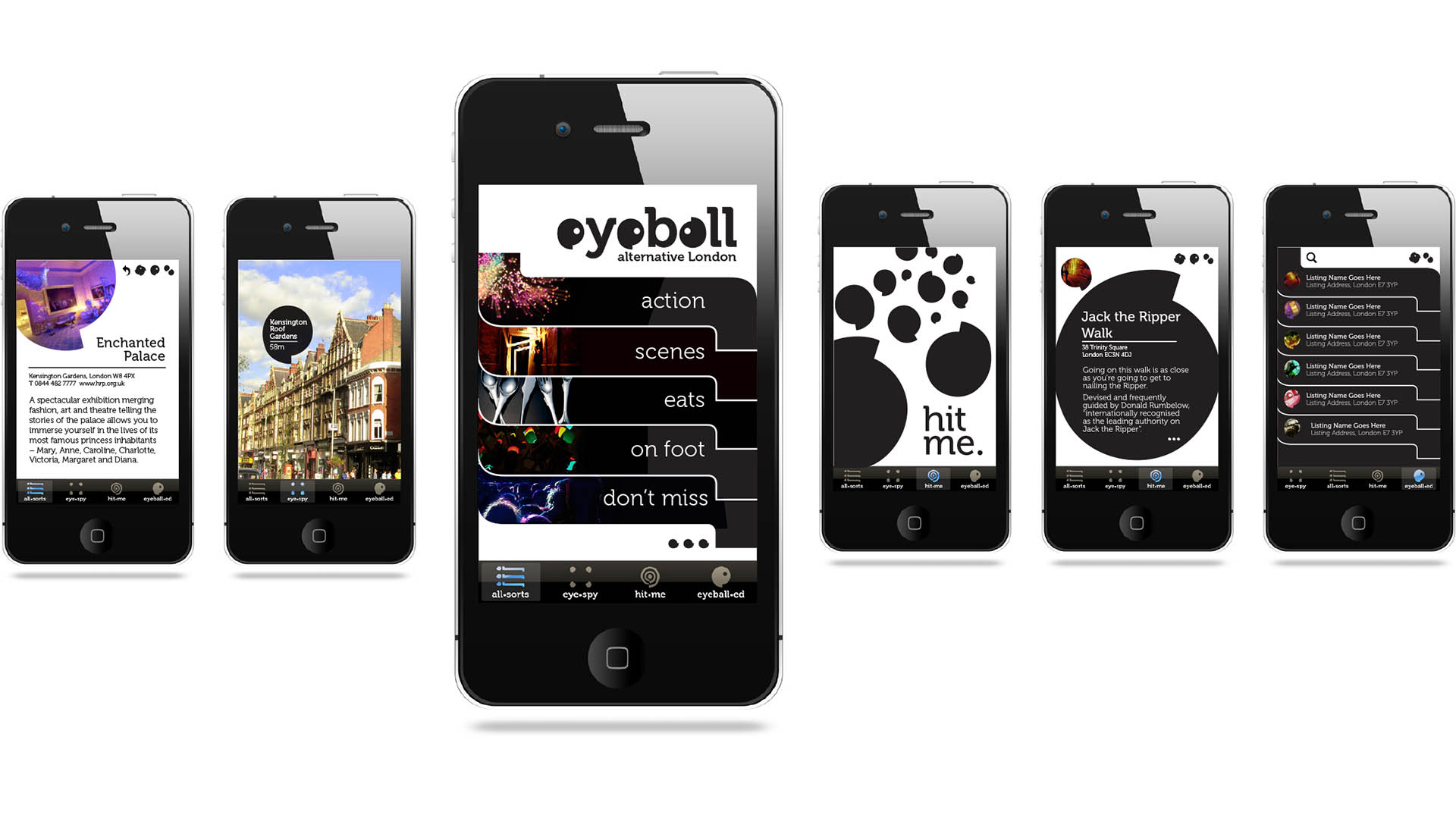 Visual identity and app design for eyeball alternative London