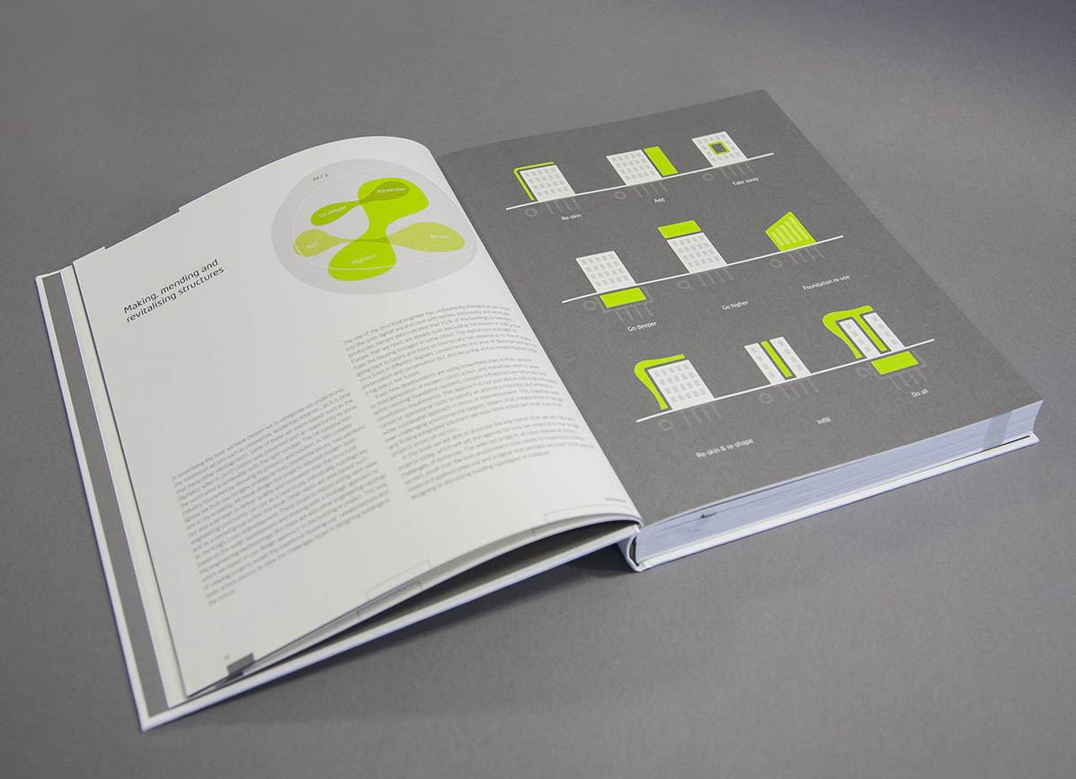 Double spread visualising data for deliverance of Design, featuring technical aspects of building structures