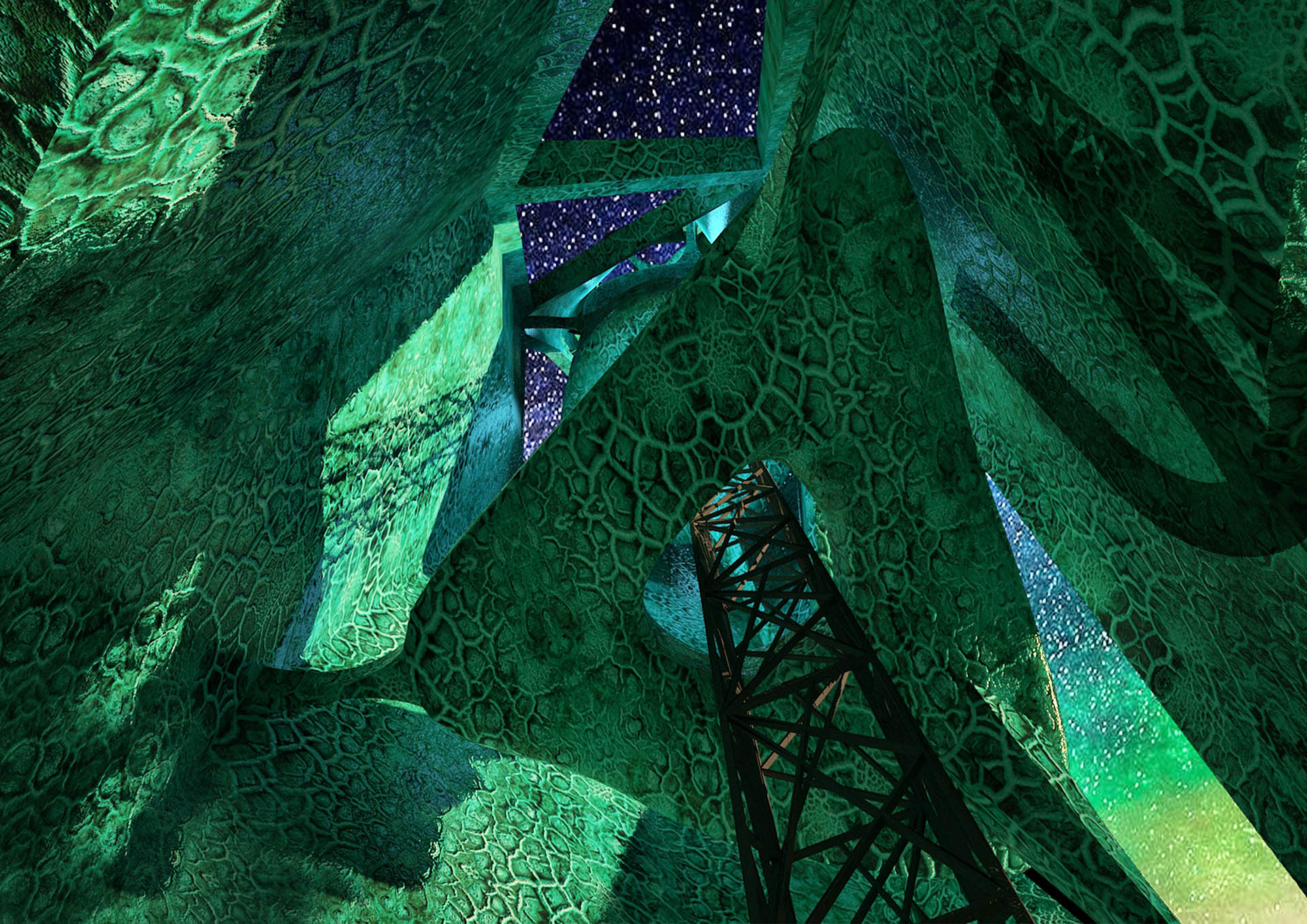 Visual showing interior view from the tower during the night and bioluminescence