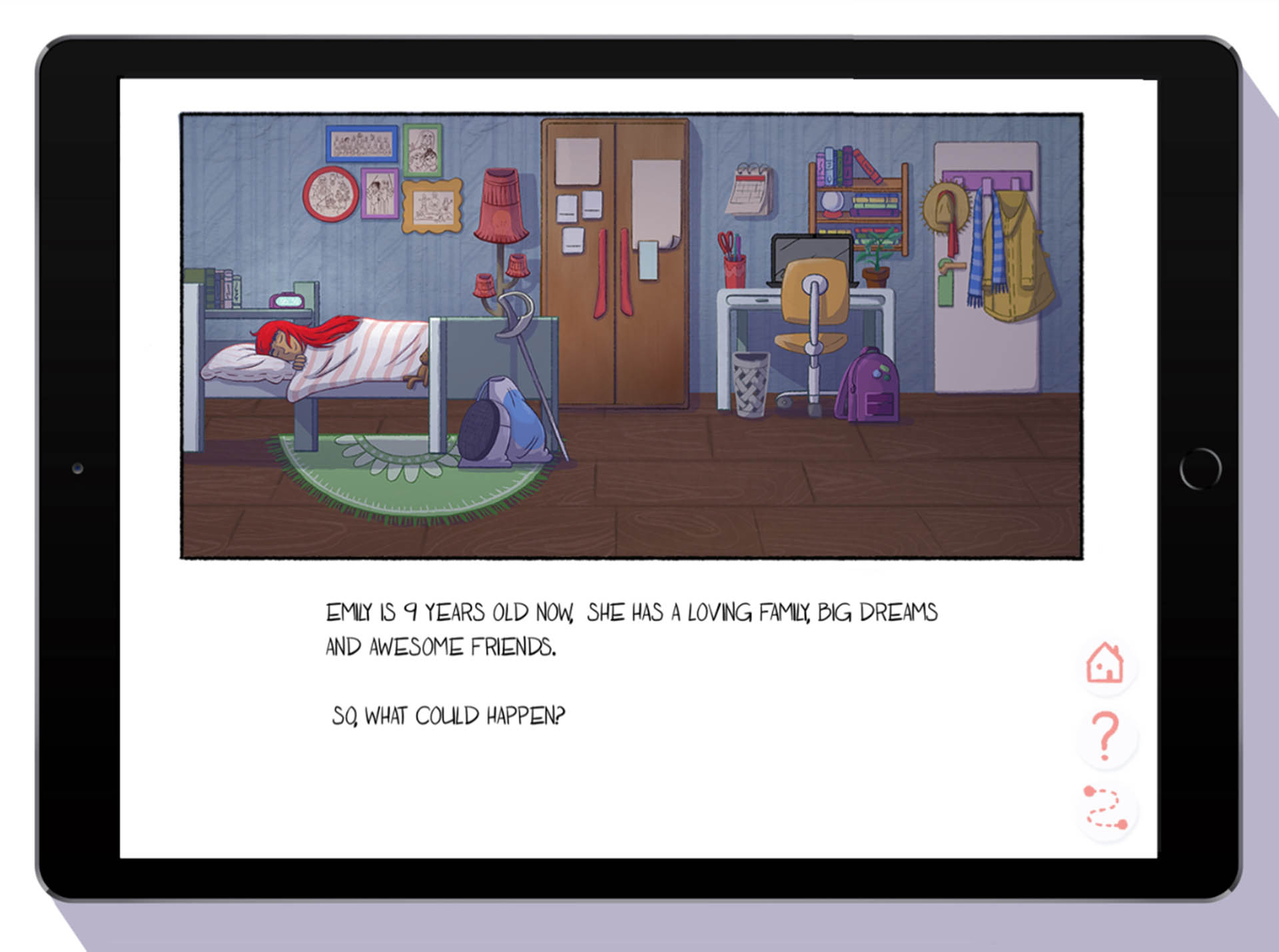 Mock-up of the interactive graphic novel with navigation icons