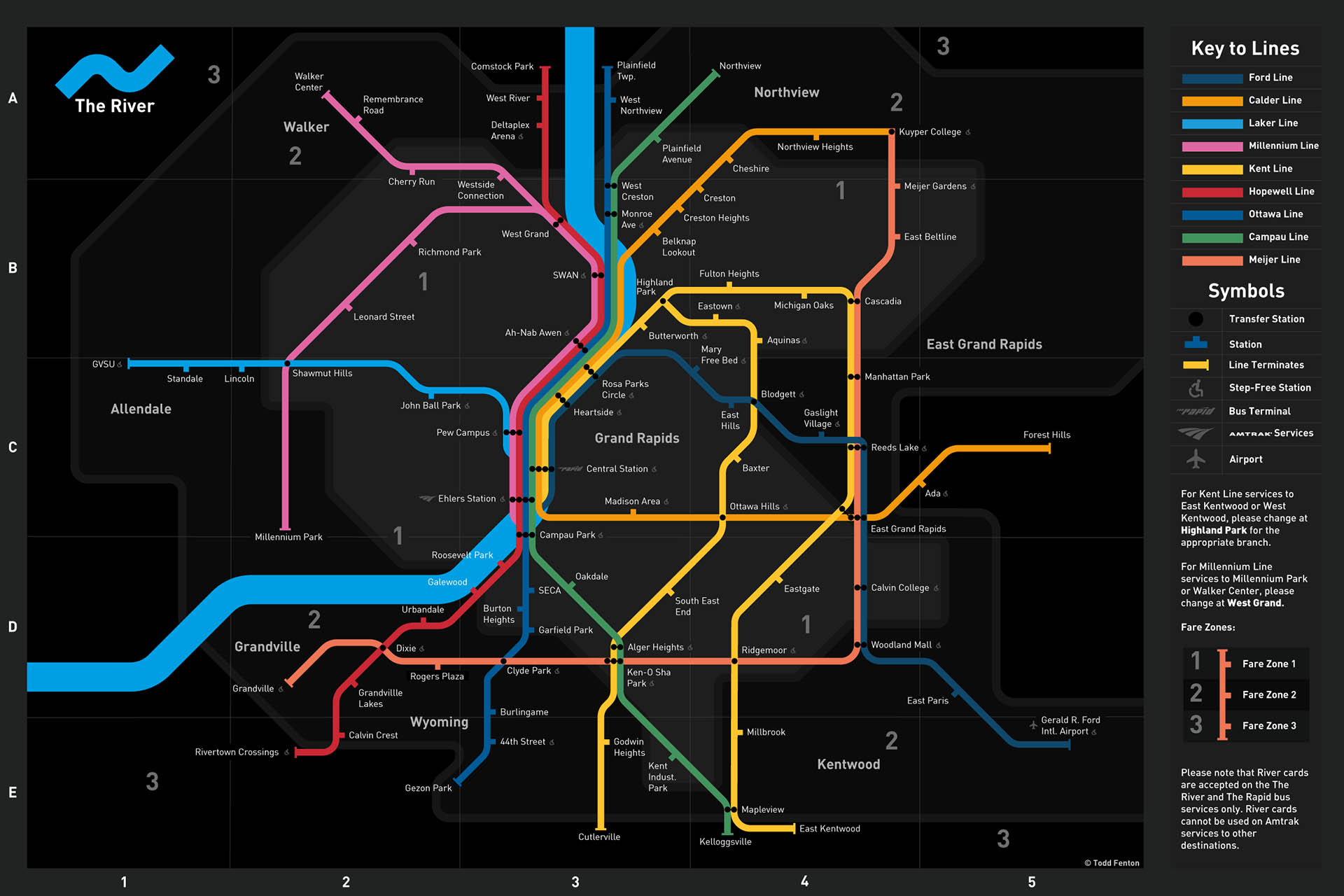 Visual identity, public transportation way-finding system and diagrammatic map for Grand Rapids